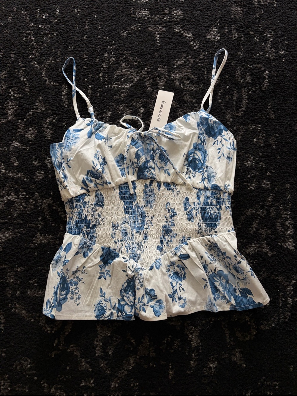 Francesca's Collections White and Blue Floral Smocked Peplum Cami